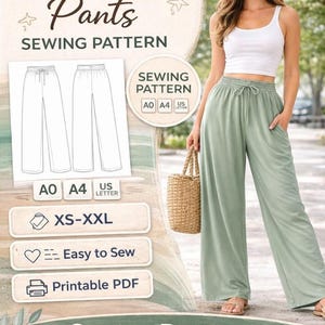May include: Image of a sewing pattern for Daily Drift Pants. The pattern includes instructions and is available in sizes XS-XXL. The image shows a woman wearing the pants in a light green color. The pattern is easy to sew and is a printable PDF.