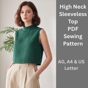 May include: A woman wearing a sleeveless, high-neck top in a deep green colour, paired with beige trousers. The image includes text that reads "High Neck Sleeveless Top PDF Sewing Pattern."