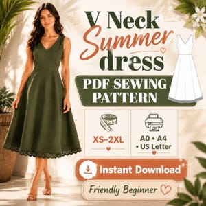 May include: A PDF sewing pattern for a V-neck summer dress with a flared skirt and scalloped hem. The image displays the text V Neck Summer dress PDF SEWING PATTERN, XS-2XL, A0, A4, US Letter, Instant Download, and Friendly Beginner.