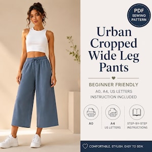 Urban Cropped Wide Leg Trousers PDF Sewing Pattern | Beginner-Friendly Women’s Capri & Culottes Pants Pattern