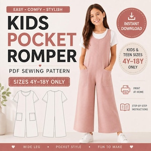 May include: A PDF sewing pattern for a kids pocket romper in sizes 4Y-18Y. The image features text including KIDS POCKET ROMPER, INSTANT DOWNLOAD, and PRINT AT HOME, alongside a line drawing of the romper and a photo of a person wearing the garment.