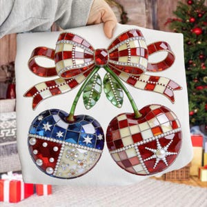 T-shirt con fiocco a ciliegia e stampa americana trapuntata effetto finto, maglietta patchwork patriottica vintage, maglietta civettuola per il 4 luglio, top cottagecore con fiocco a bandiera americana, USA