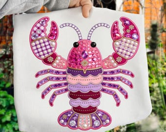 Summer Lobster PNG Patchwork Cottagecore Floral Embroidery Coastal Seafood Sublimation Design | Trending Digital Download for T-Shirts
