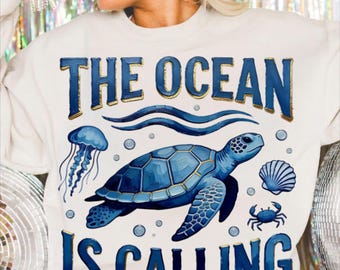 Ocean Calling PNG Digital Download Sublimation Design Graphic Clip Art Turtle Vibes Beach Sea Life Marine Summer Vacation Hello Theme Print