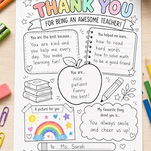 Ringraziamento per gli insegnanti (stampabile), foglio di attività da colorare per bambini (download digitale)