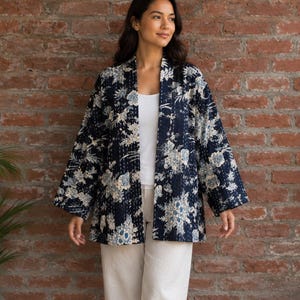Cotton Kantha Reversible Jacket Short Length Spring Bohemian Melange Artist Unisex Front Open Jacket Black handmade Festival PatchworkJacket