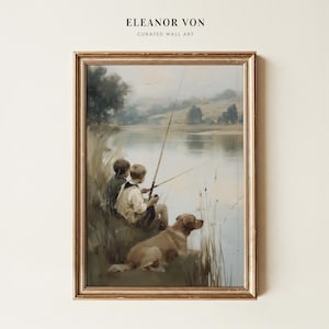 May include: A framed wall art print titled ELEANOR VON CURATED WALL ART featuring a muted oil painting of two children sitting by a calm lake with fishing rods and a golden-coloured dog resting in the tall grass near the water's edge.