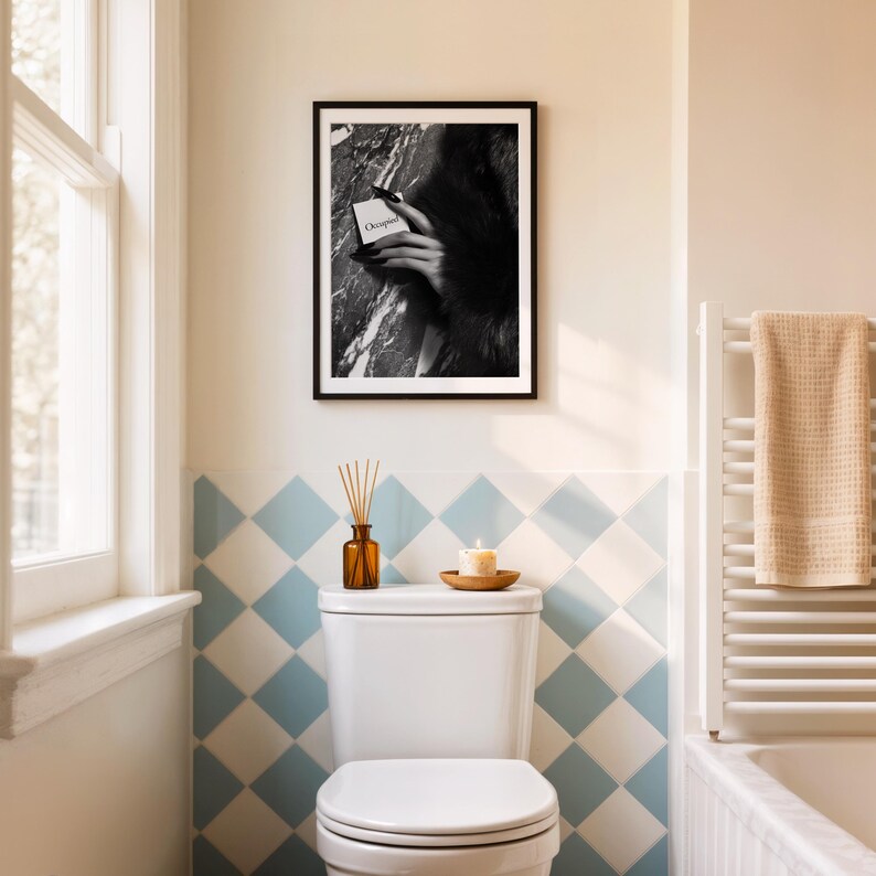 Editorial print; monochrome fashion photo art of hand with fur against marble wall for chic feminine bathroom wall art