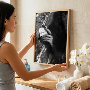 Editorial print; monochrome fashion photo art of hand with fur against marble wall for chic feminine bathroom wall art