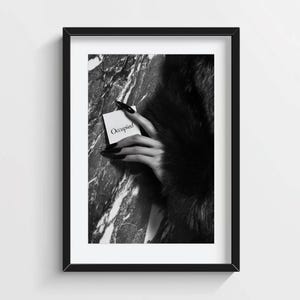 Editorial print; monochrome fashion photo art of hand with fur against marble wall for chic feminine bathroom wall art