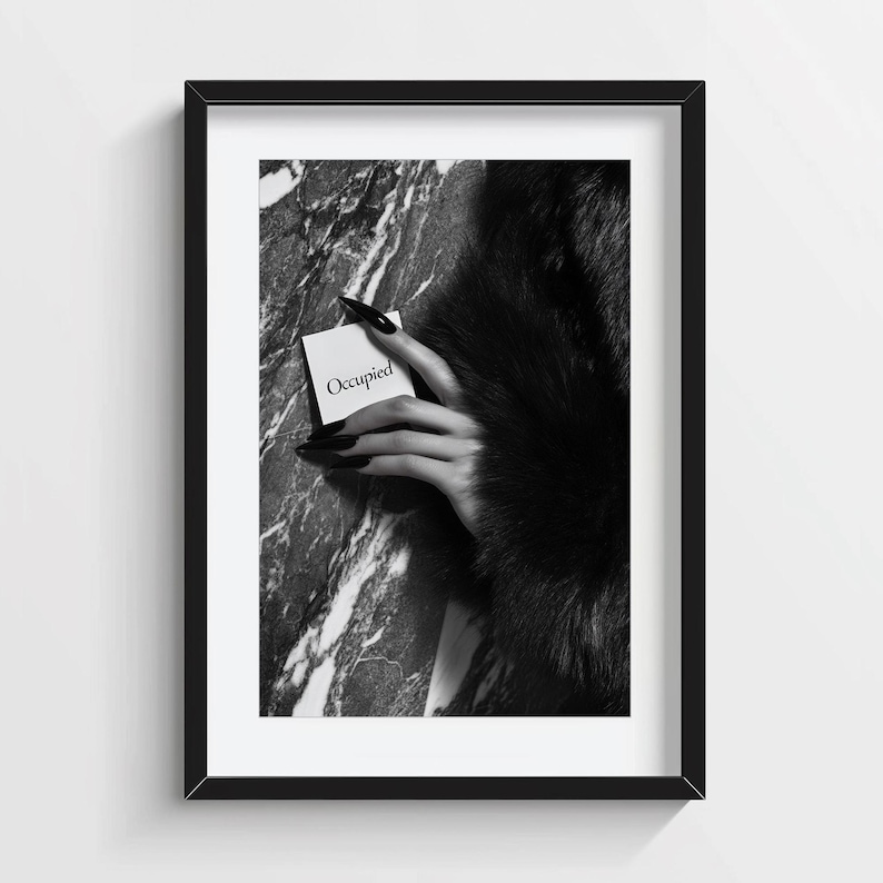 Editorial print; monochrome fashion photo art of hand with fur against marble wall for chic feminine bathroom wall art