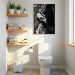 Editorial print; monochrome fashion photo art of hand with fur against marble wall for chic feminine bathroom wall art