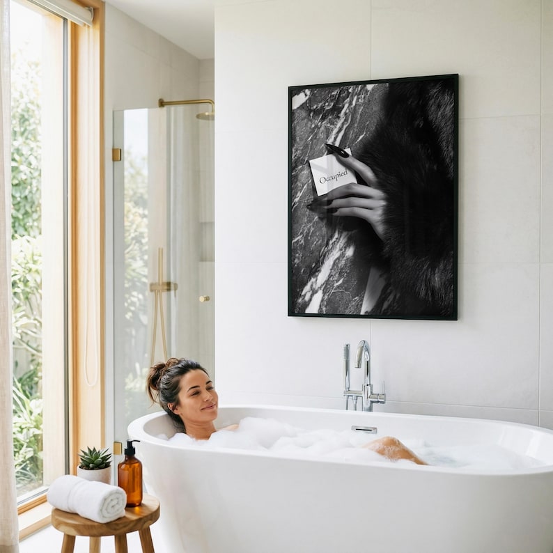 Editorial print; monochrome fashion photo art of hand with fur against marble wall for chic feminine bathroom wall art