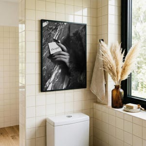 Editorial print; monochrome fashion photo art of hand with fur against marble wall for chic feminine bathroom wall art