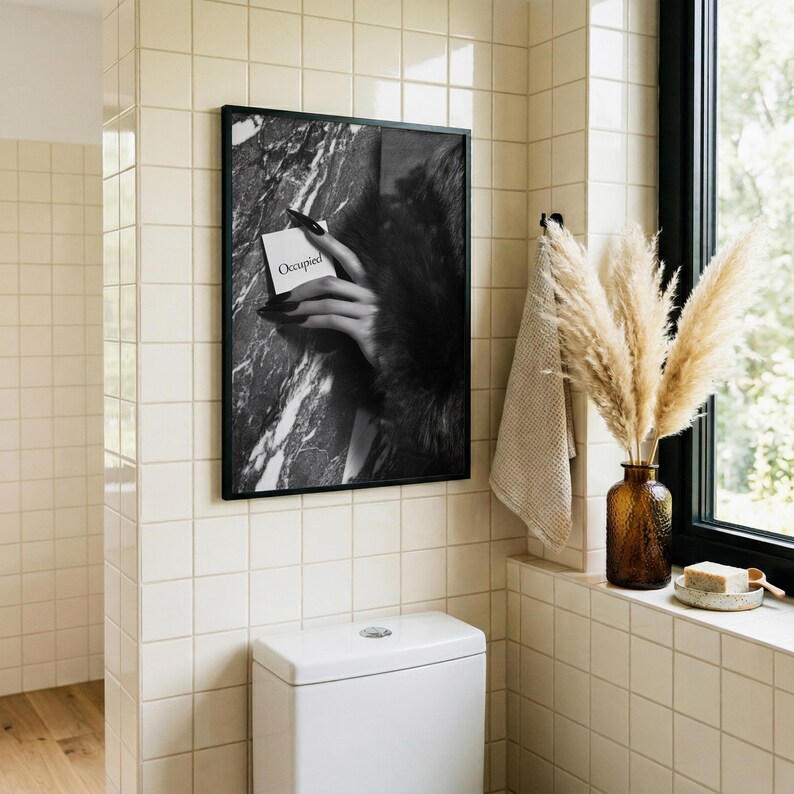 Editorial print; monochrome fashion photo art of hand with fur against marble wall for chic feminine bathroom wall art