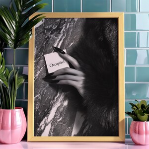 Editorial print; monochrome fashion photo art of hand with fur against marble wall for chic feminine bathroom wall art