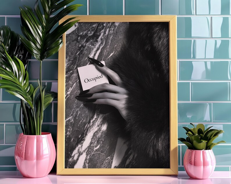 Editorial print; monochrome fashion photo art of hand with fur against marble wall for chic feminine bathroom wall art