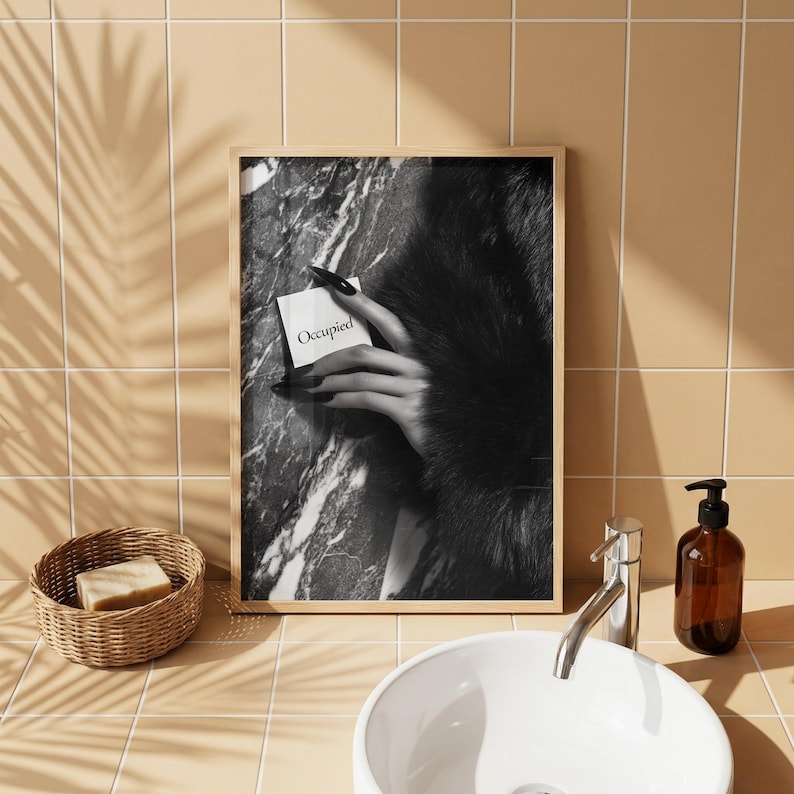 Editorial print; monochrome fashion photo art of hand with fur against marble wall for chic feminine bathroom wall art