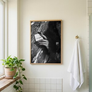 Editorial print; monochrome fashion photo art of hand with fur against marble wall for chic feminine bathroom wall art