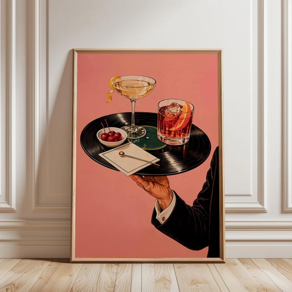 Record Player Decor Vintage Cocktail Print, Vinyl Record Bar Tray, Retro Martini Lounge Decor