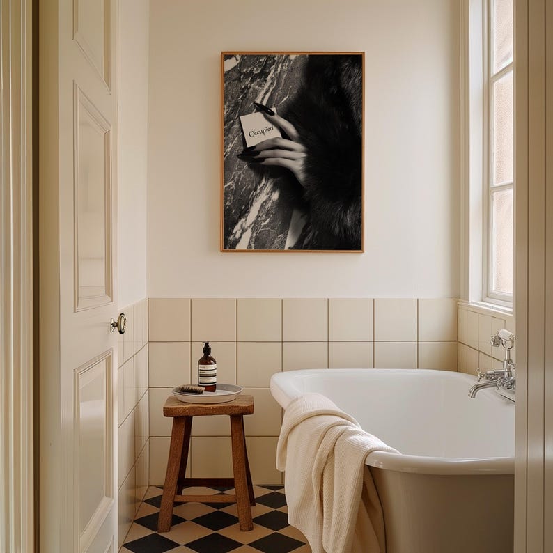 Editorial print; monochrome fashion photo art of hand with fur against marble wall for chic feminine bathroom wall art