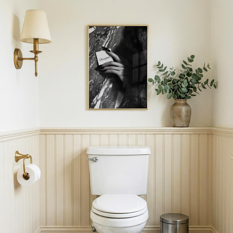 Editorial print; monochrome fashion photo art of hand with fur against marble wall for chic feminine bathroom wall art