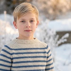 May include: A young person with blonde hair wearing a beige and blue striped sweater. The sweater has horizontal stripes and a crew neck. The background is a snowy, winter scene.