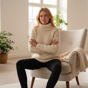 May include: A woman wearing a cream-colored turtleneck sweater and black leggings sits in a cream-colored armchair. A cream-colored blanket is draped over the chair. The room has large windows and a wooden side table with books.