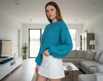 Moss Stitch Knit Sweater Pattern Cropped Balloon Sleeve Pullover (PDF Download)