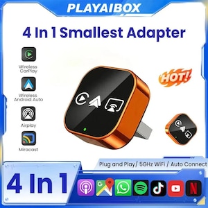 Może przedstawiać: Pomarańczowo-czarny adapter 4 w 1 z napisem "4 In 1 Smallest Adapter". Adapter obsługuje Wireless CarPlay, Wireless Android Auto, Airplay i Miracast. Obraz zawiera również tekst "Plug and Play/ 5GHz WiFi / Auto Connect".