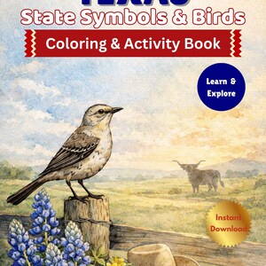 Op de afbeelding: Een kleur- en activiteitenboek getiteld "TEXAS State Symbols & Birds". De omslag toont een aquarelillustratie van een vogel op een houten paal, blauwe bonnets, een longhorn en een cowboyhoed. Bevat doolhoven, puzzels en leuke weetjes.