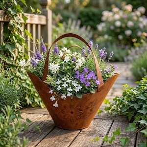 Rustic Wrought Iron Hanging Planter Basket, Vintage Rust Metal Flower Pot, Handbag Style Garden Planter, Patio Porch Decor, 22cm