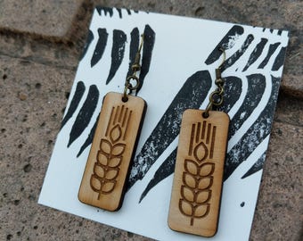 Wheat Stalk earrings, lightweight Baltic Birch wood, natural colors