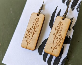 Thyme Sprig lightweight wood earrings in natural Baltic Birch