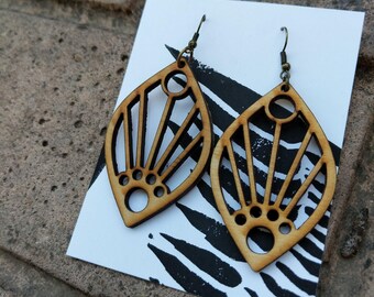 Art Deco Sunrise medium dangle earrings in lightweight Baltic Birch wood