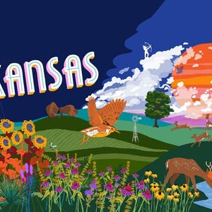 Puede incluir: Una colorida ilustraci&oacute;n de Kansas con girasoles, un avi&oacute;n, molinos de viento y ciervos. La palabra "Kansas" se muestra en una fuente estilizada, con una puesta de sol y un p&aacute;jaro en vuelo. La obra de arte tiene un estilo ilustrativo caprichoso.