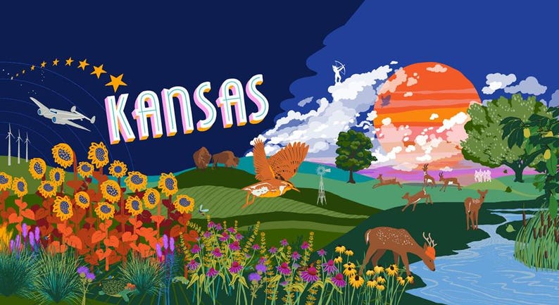 Puede incluir: Una colorida ilustraci&oacute;n de Kansas con girasoles, un avi&oacute;n, molinos de viento y ciervos. La palabra "Kansas" se muestra en una fuente estilizada, con una puesta de sol y un p&aacute;jaro en vuelo. La obra de arte tiene un estilo ilustrativo caprichoso.
