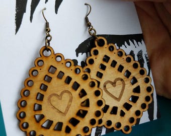 Heartlace earrings, lightweight wood, large