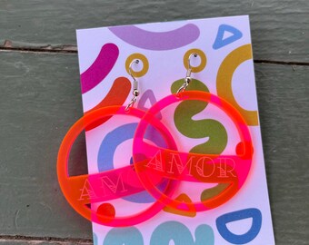 Hot Pink Orange Amor acrylic earring, large