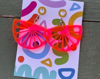 Hot Pink Orange Slice Earrings, acrylic, large