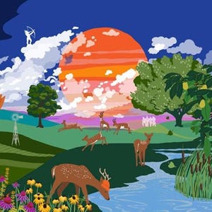 Puede incluir: Ilustraci&oacute;n colorida de un paisaje con ciervos, un r&iacute;o y una puesta de sol. La obra de arte incluye &aacute;rboles, flores y un molino de viento, con una figura de arquero en el cielo. El tema general es la naturaleza y la vida silvestre.