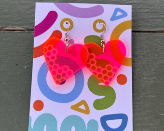 Hot Pink Orange Honeycomb Heart earrings, medium