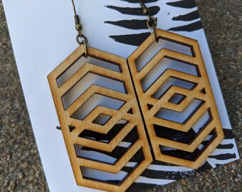 Hexatile earrings, large, lasercut birch