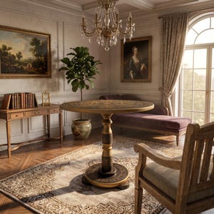 May include: A round pedestal table with a gold and dark brown finish, featuring an intricate circular pattern on the tabletop surface and a thick, carved central column base resting on a circular platform in a room with a chandelier and furniture.