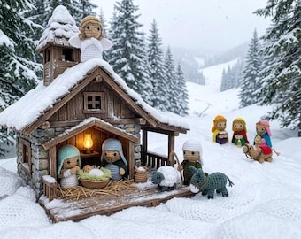 May include: A handcrafted nativity scene with a wooden stable, stone accents, and a snowy roof. The scene includes crocheted figures of Mary, Joseph, baby Jesus, angels, and the three wise men, set against a snowy winter landscape.