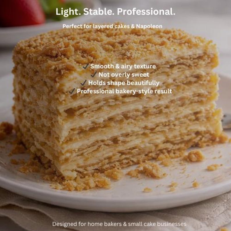 May include: A slice of layered cake with a golden-brown, crumbly top, served on a white plate. The cake has multiple thin layers with a creamy filling. Text on the image reads: Light. Stable. Professional. Perfect for layered cakes & Napoleon.