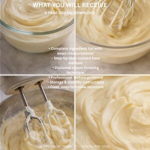 May include: A digital download graphic with four images of creamy custard being made. The text reads "WHAT YOU WILL RECEIVE" and lists the contents: ingredient list, custard base method, diplomat cream technique, texture guidance, storage instructions.