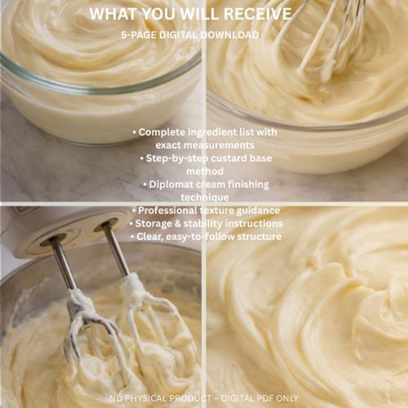 May include: A digital download graphic with four images of creamy custard being made. The text reads "WHAT YOU WILL RECEIVE" and lists the contents: ingredient list, custard base method, diplomat cream technique, texture guidance, storage instructions.