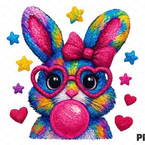 May include: A colorful illustration of a bunny with heart-shaped glasses blowing a bubblegum bubble. The bunny has a pink bow, and is surrounded by stars and hearts. The bunny's fur is a mix of blue, yellow, and pink.