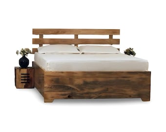 Farmhouse Queen Bed Frame, Solid Wood Storage Bed, Platform Bed, Walnut Wood Bed Frame with Headboard, Rustic Wood Bed Frame